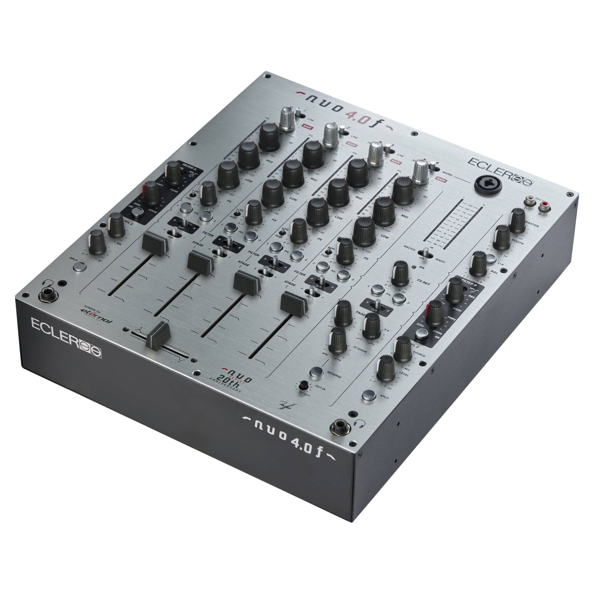 Angled view of Ecler NUO4.0F Professional 4-Channel DJ Mixer Silver on white background