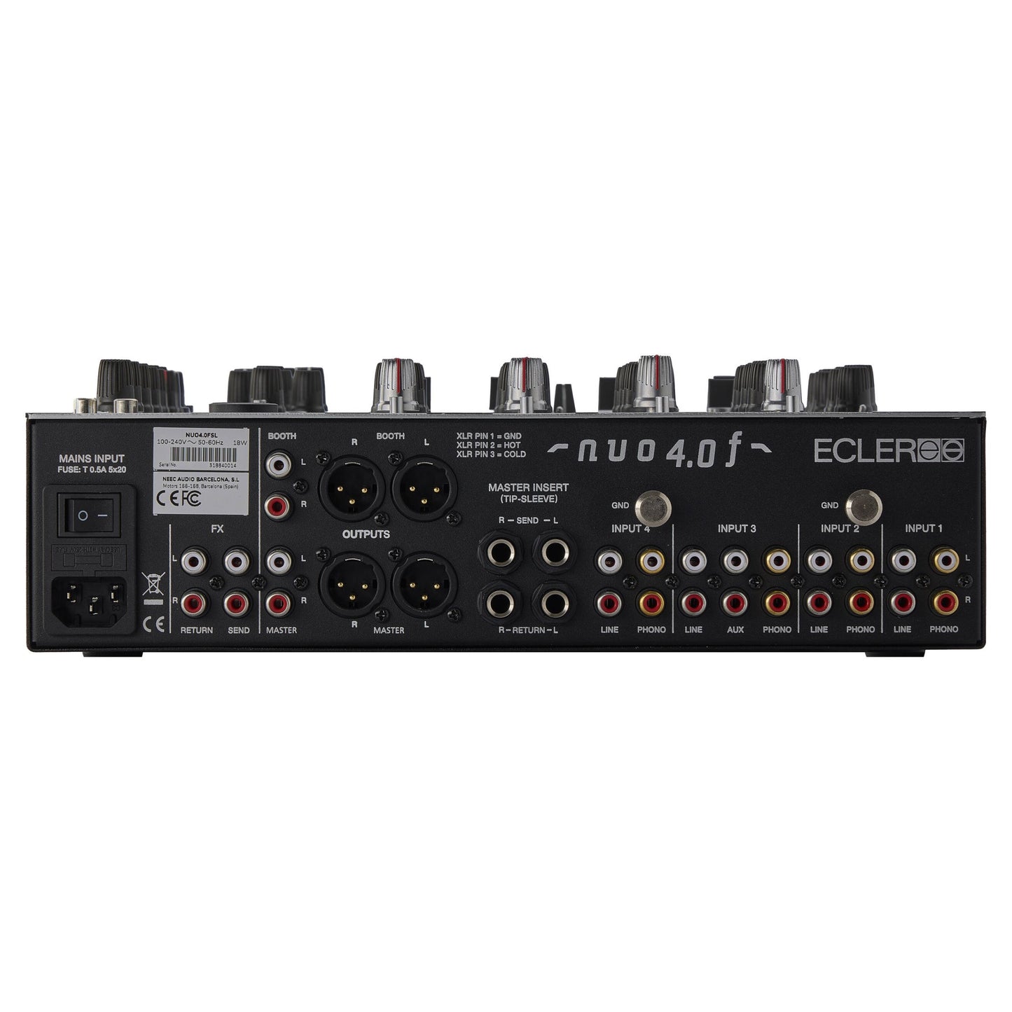 Top ports view of Ecler NUO4.0F Professional 4-Channel DJ Mixer Silver on white background