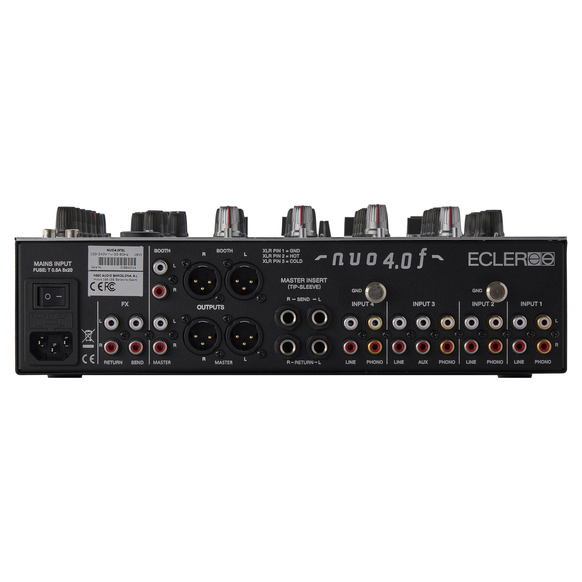 Top ports view of Ecler NUO4.0F Professional 4-Channel DJ Mixer Silver on white background