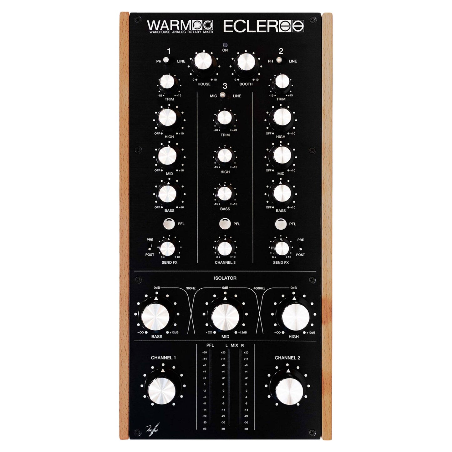 Front view of Ecler WARM2 Professional 2-Channel Analog Rotary DJ Mixer on white background