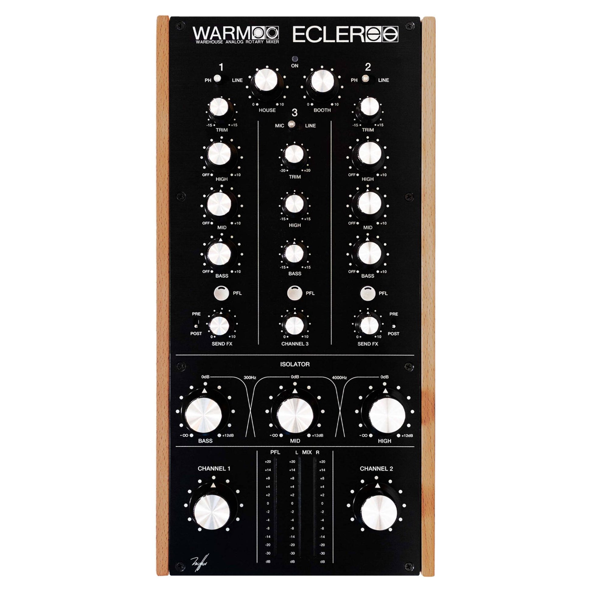 Front view of Ecler WARM2 Professional 2-Channel Analog Rotary DJ Mixer on white background