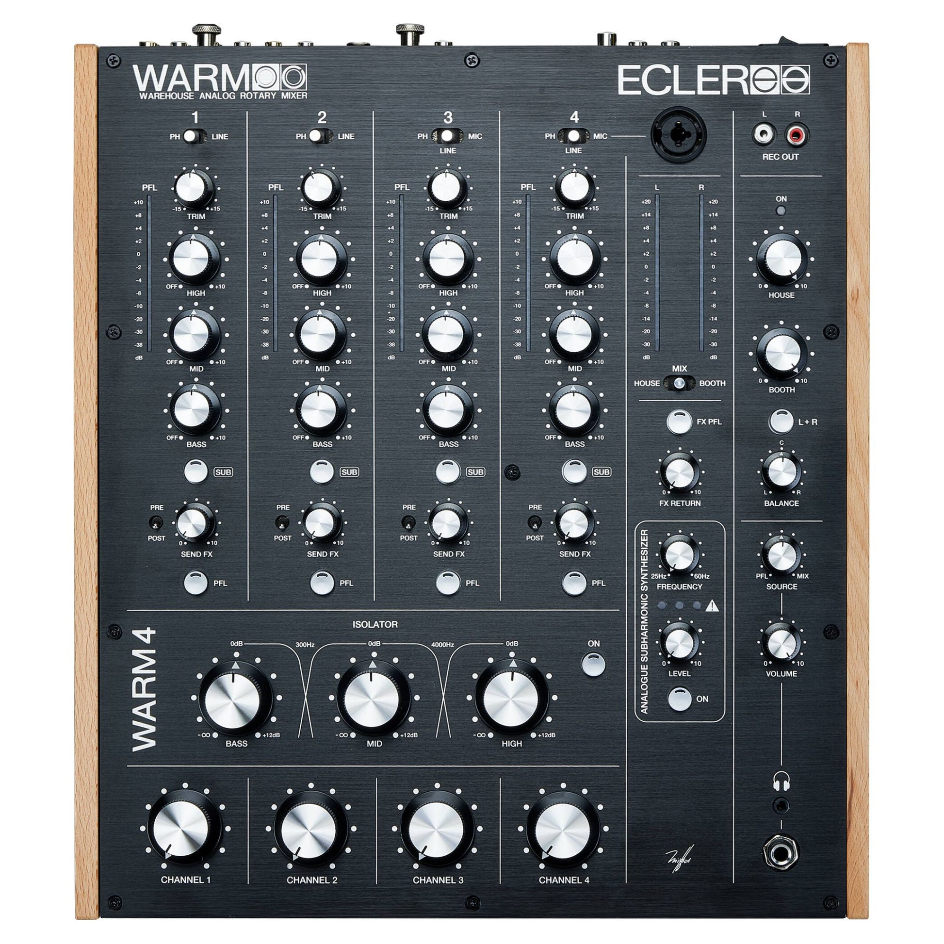 Front view of Ecler WARM4 Professional 4-Channel Analog Rotary DJ Mixer on white background