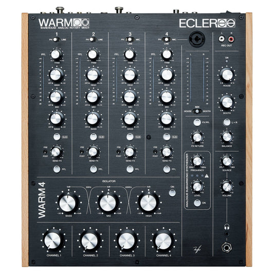 Front view of Ecler WARM4 Professional 4-Channel Analog Rotary DJ Mixer on white background