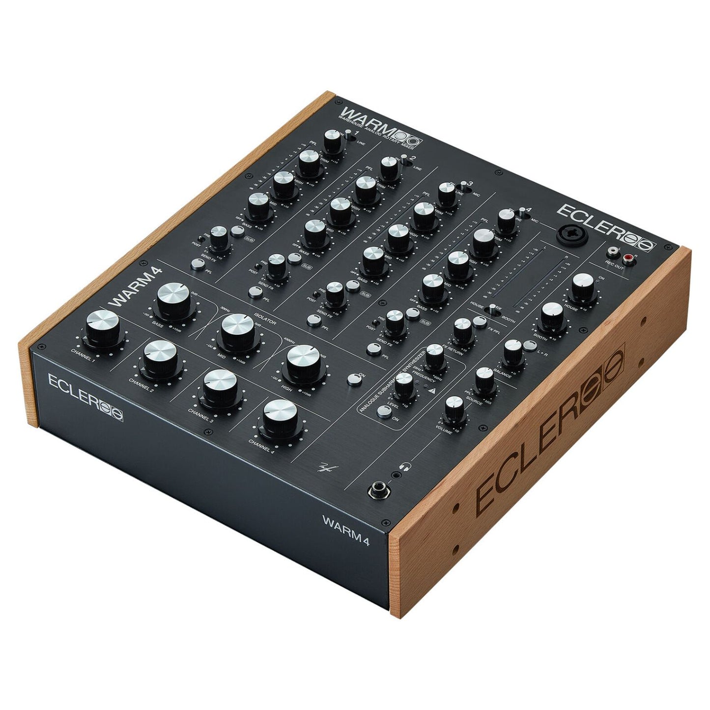 Angled view of Ecler WARM4 Professional 4-Channel Analog Rotary DJ Mixer on white background