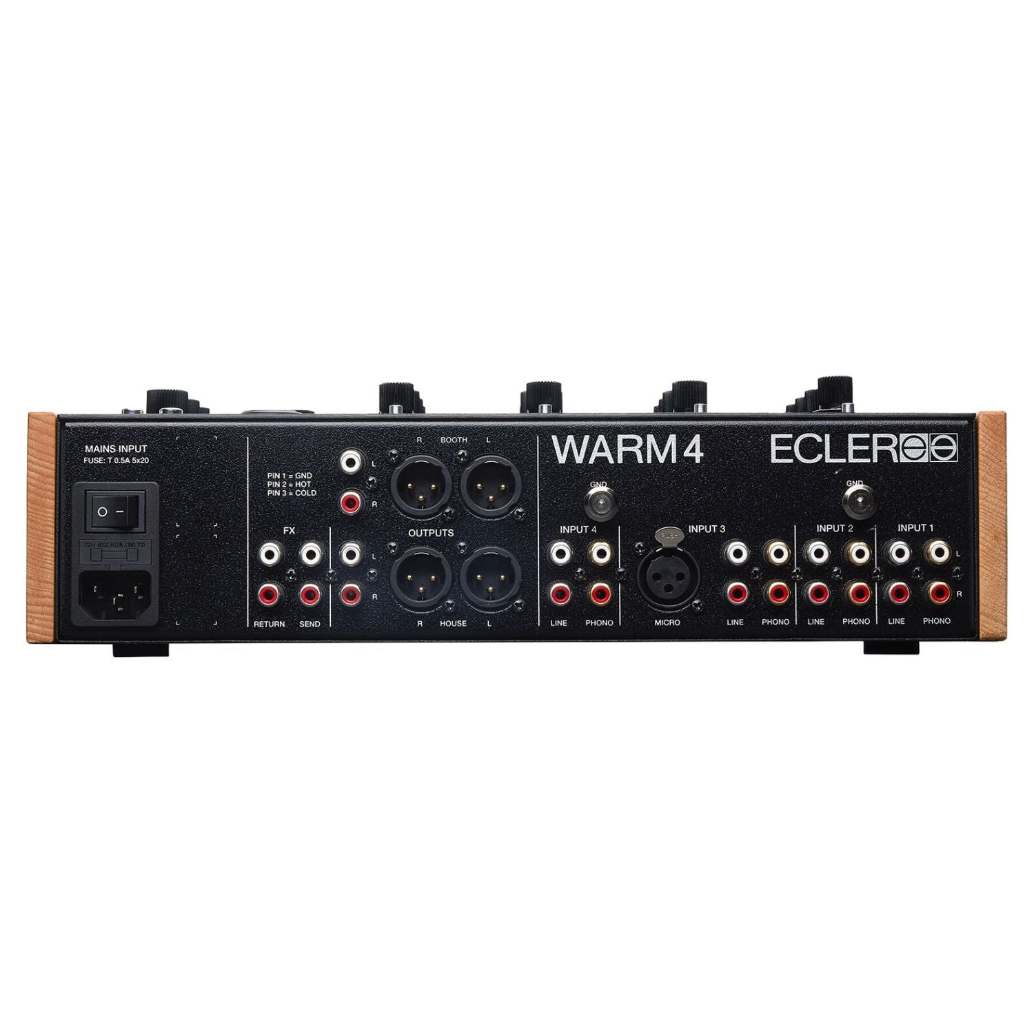 Top ports view of Ecler WARM4 Professional 4-Channel Analog Rotary DJ Mixer on white background