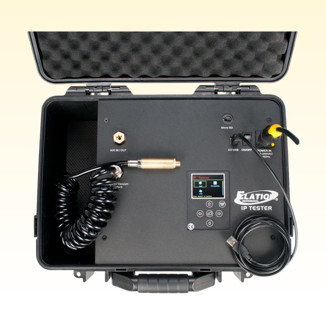 Top view of Elation Lighting IP TESTER Mobile IP Vacuum and Pressure Tester with cables attached on yellow background