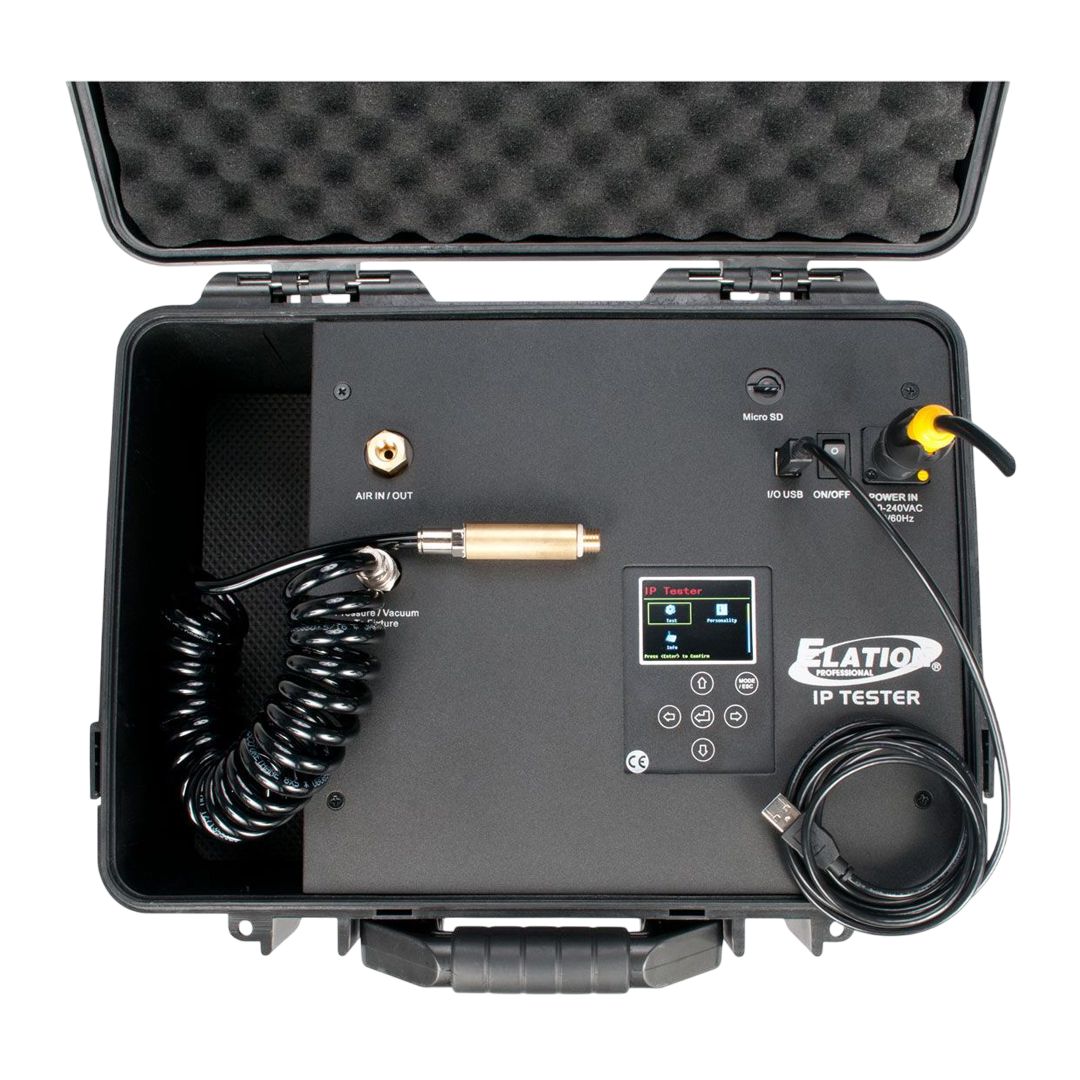 Top view of Elation Lighting IP TESTER Mobile IP Vacuum and Pressure Tester with cables attached on white background