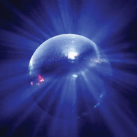 Front view of Eliminator Lighting 20" Disco Mirror Ball glimmering in dim venue