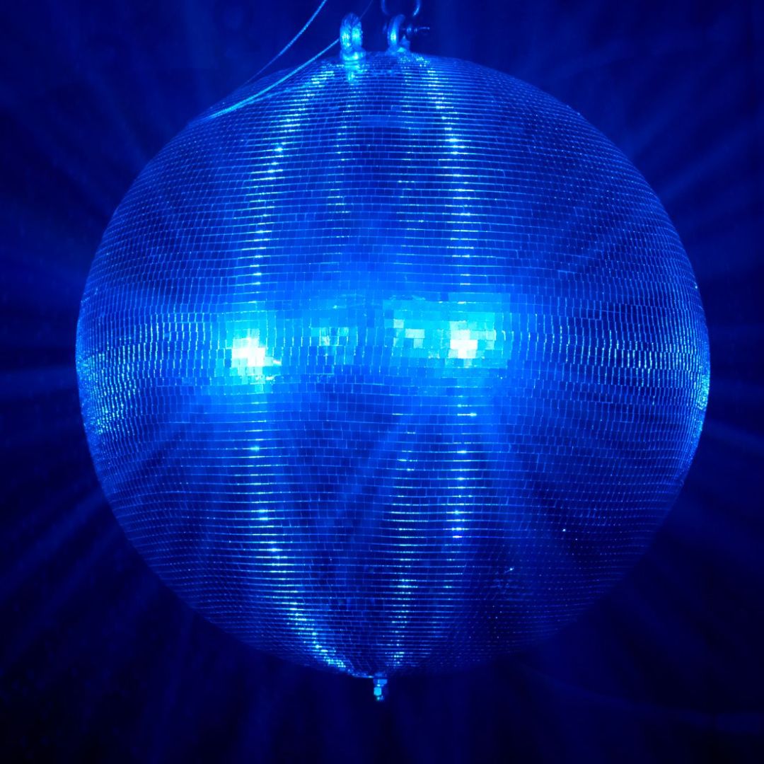 Front view of Eliminator Lighting 30" Disco Mirror Ball with blue lights in dim venue