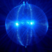 Front view of Eliminator Lighting 30" Disco Mirror Ball with blue lights in dim venue