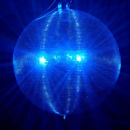 Front view of Eliminator Lighting 30" Disco Mirror Ball with blue lights in dim venue