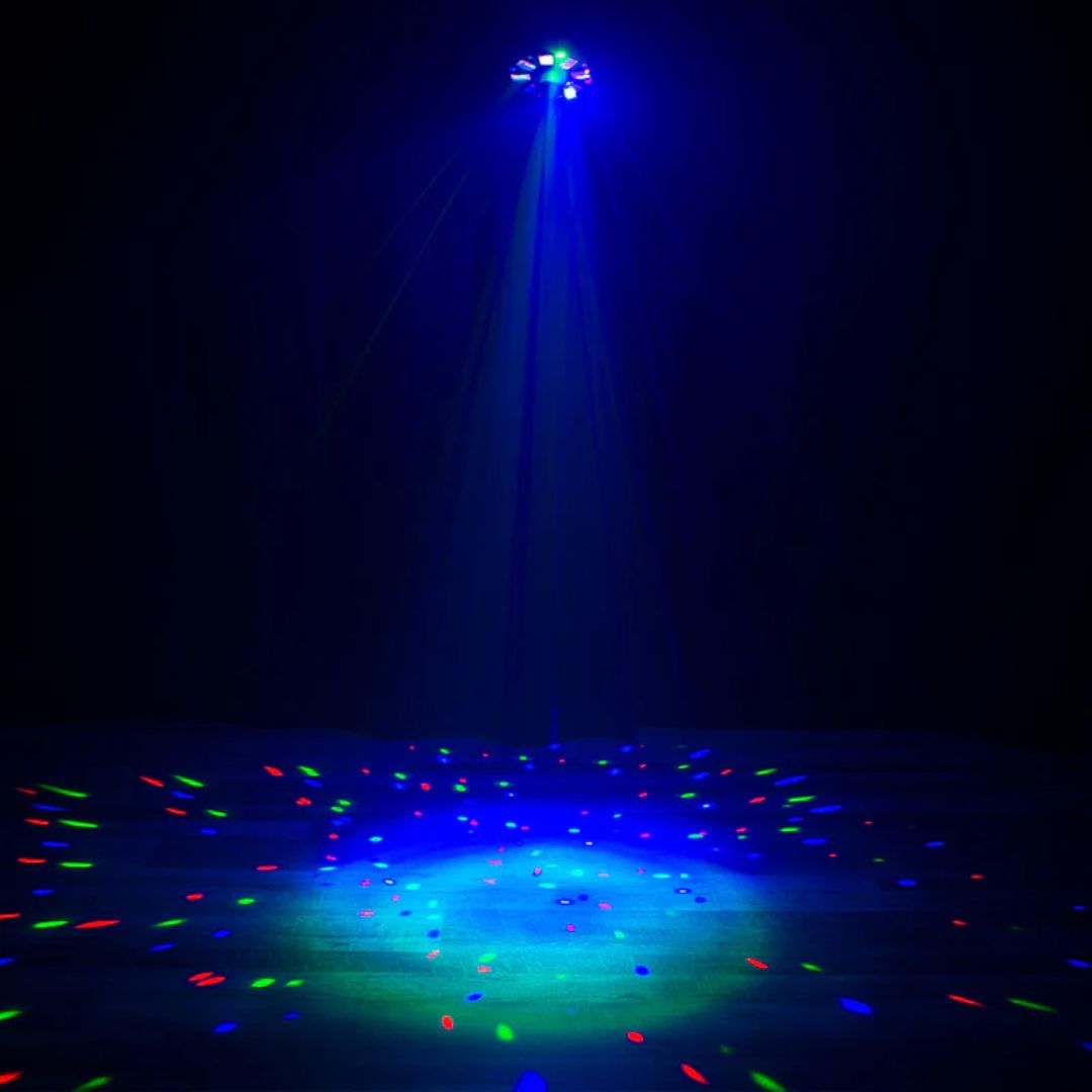 Hanging Eliminator Lighting Furious Three RG beaming lights downward in dim venue