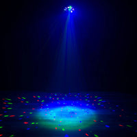 Hanging Eliminator Lighting Furious Three RG beaming lights downward in dim venue