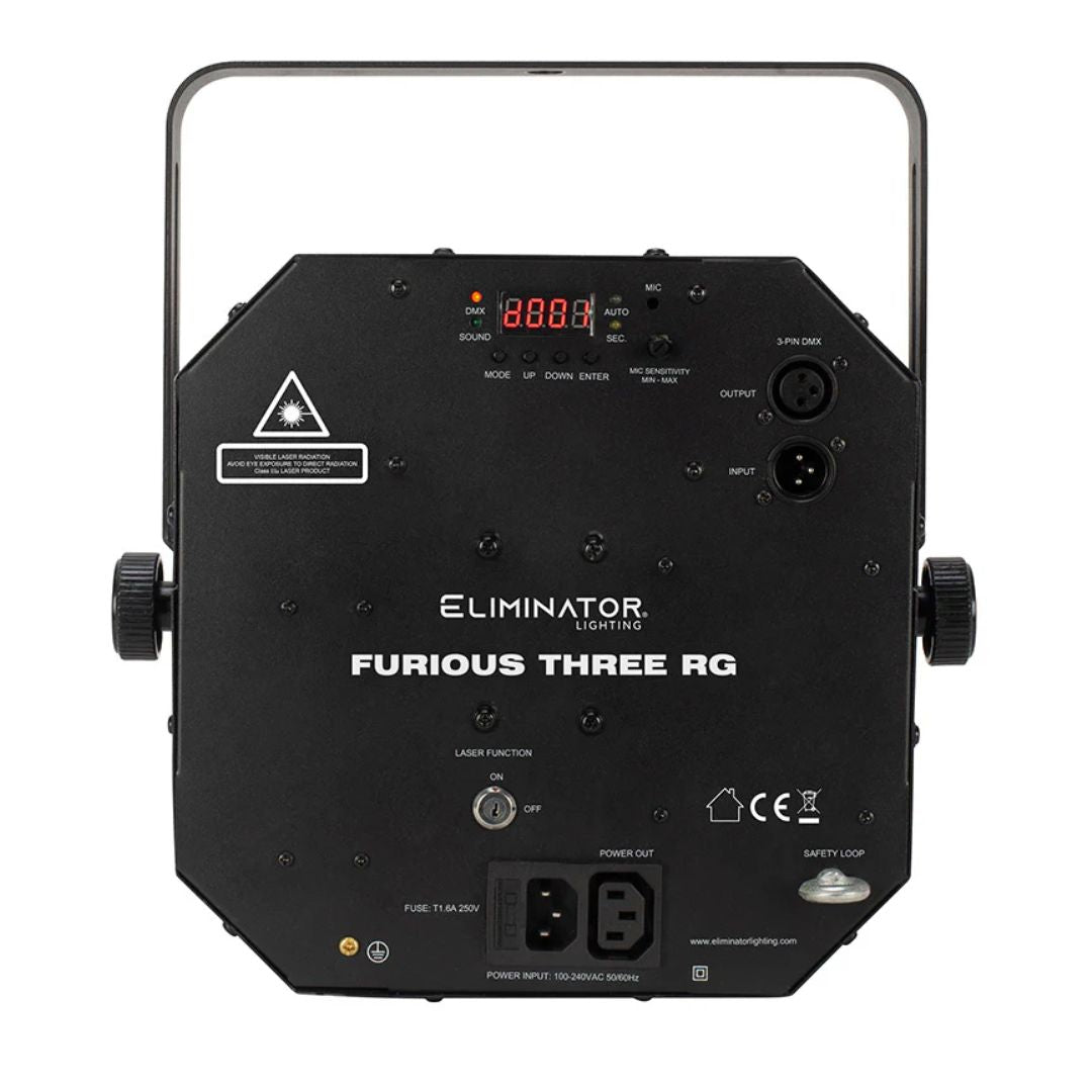Rear view of Eliminator Lighting Furious Three RG on white background