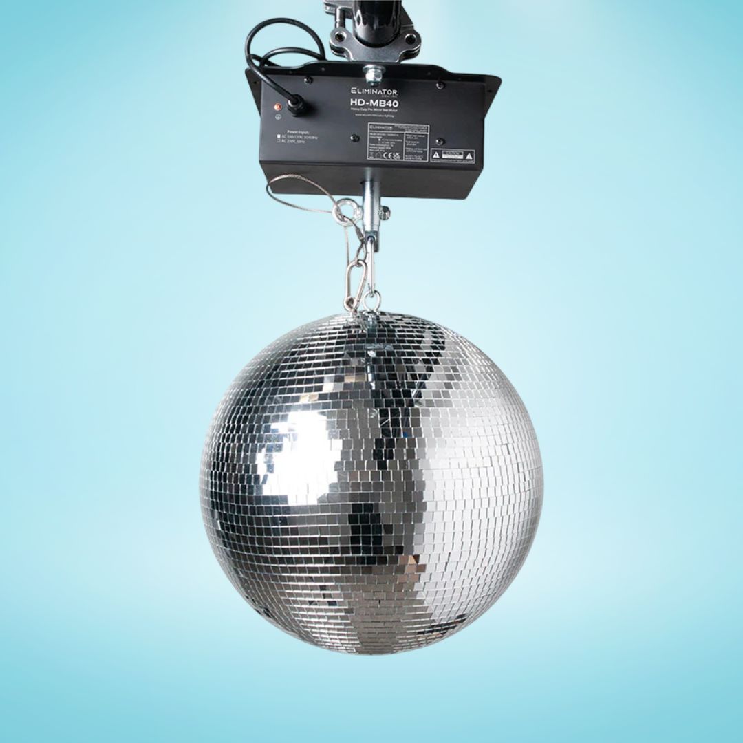 Hanging Eliminator Lighting HD-MB40 Heavy-Duty Mirror Ball Motor with mirror ball attached on blue background