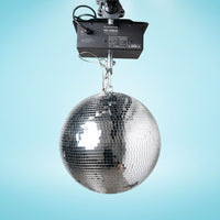 Hanging Eliminator Lighting HD-MB40 Heavy-Duty Mirror Ball Motor with mirror ball attached on blue background