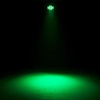 Hanging Eliminator Lighting LP 12 HEX LED Par Wash beaming green light downward in dim venue