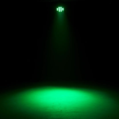 Hanging Eliminator Lighting LP 12 HEX LED Par Wash beaming green light downward in dim venue