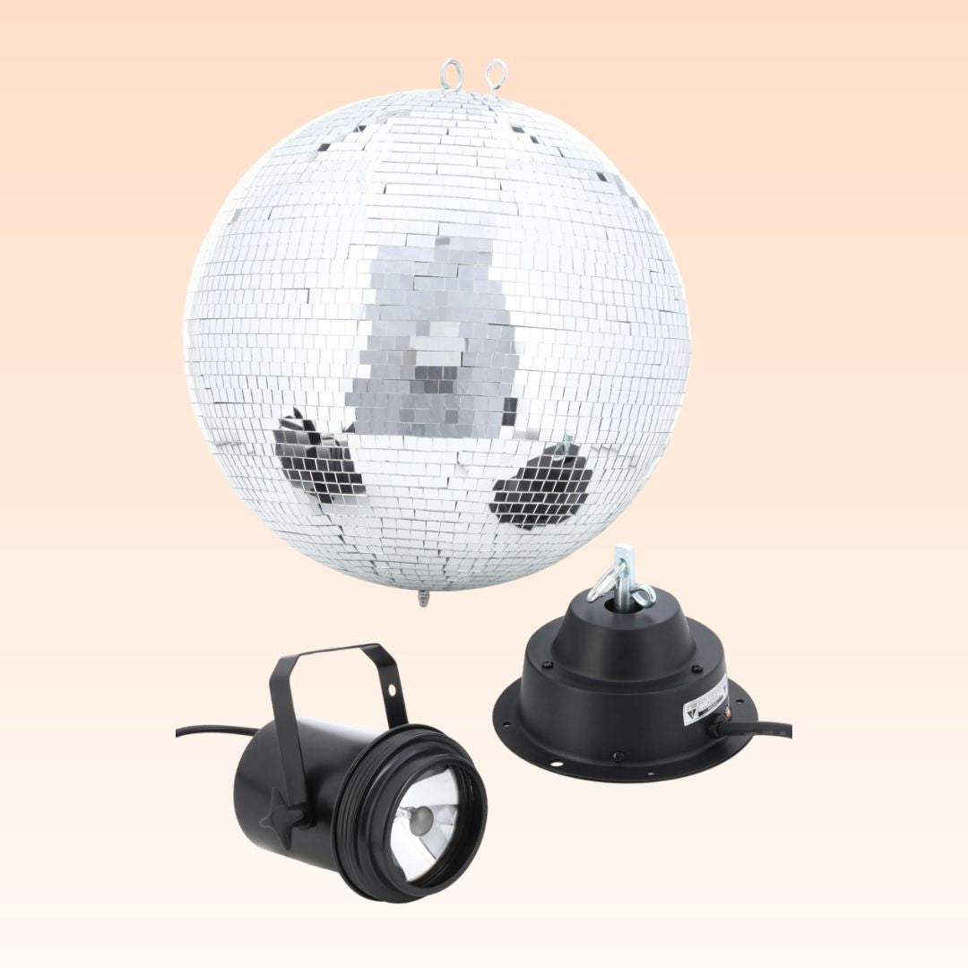 Front view of Eliminator Lighting M600EL 16" Mirror Ball Package with Inclusions on orange background
