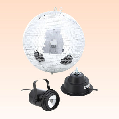 Front view of Eliminator Lighting M600EL 16" Mirror Ball Package with Inclusions on orange background