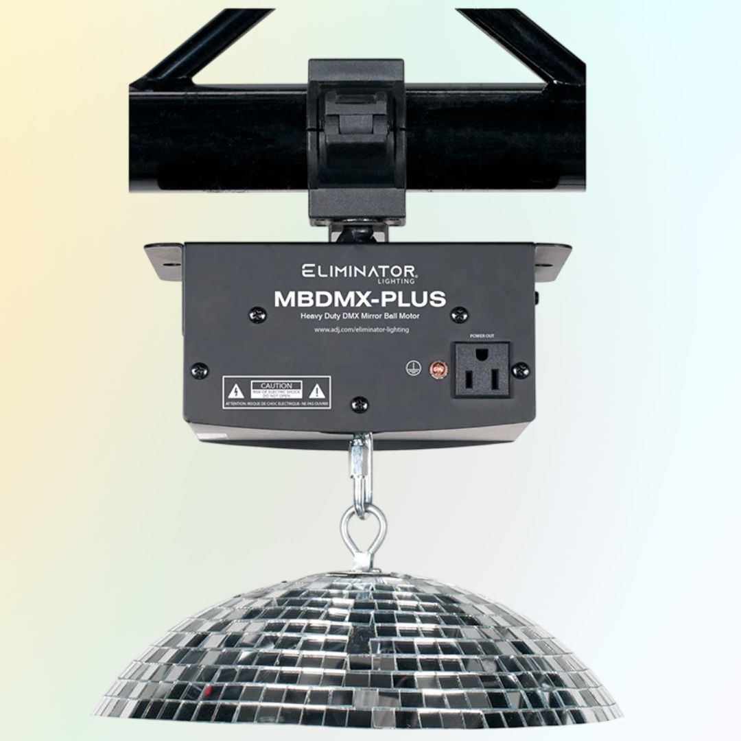 Front view of Eliminator Lighting MBDMX-PLUS Heavy-Duty DMX Mirror Ball Motor hanging with mirror ball attached on yellow and blue gradient background