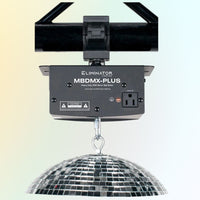 Front view of Eliminator Lighting MBDMX-PLUS Heavy-Duty DMX Mirror Ball Motor hanging with mirror ball attached on yellow and blue gradient background