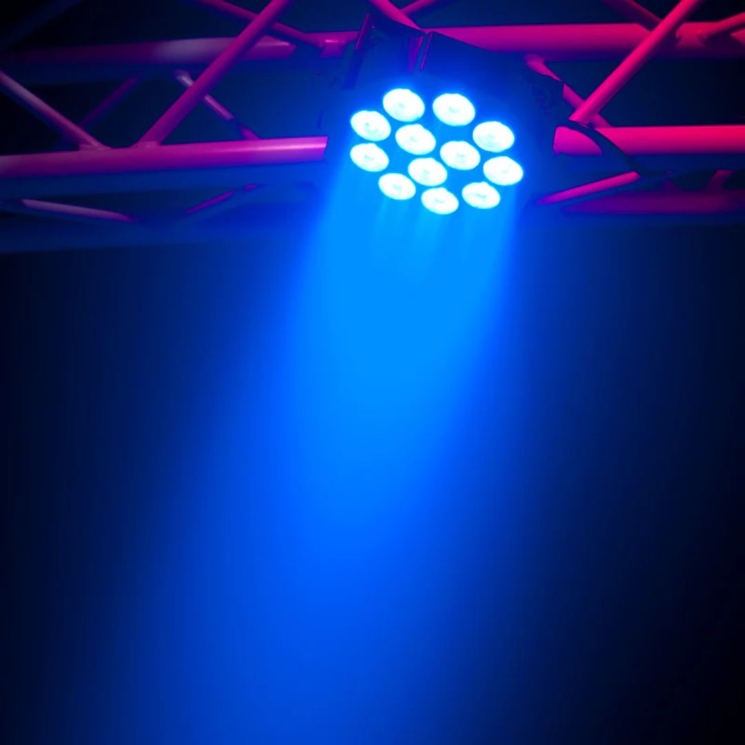 Hanging Eliminator Lighting Mega 64 Profile EP beaming blue light downward in venue