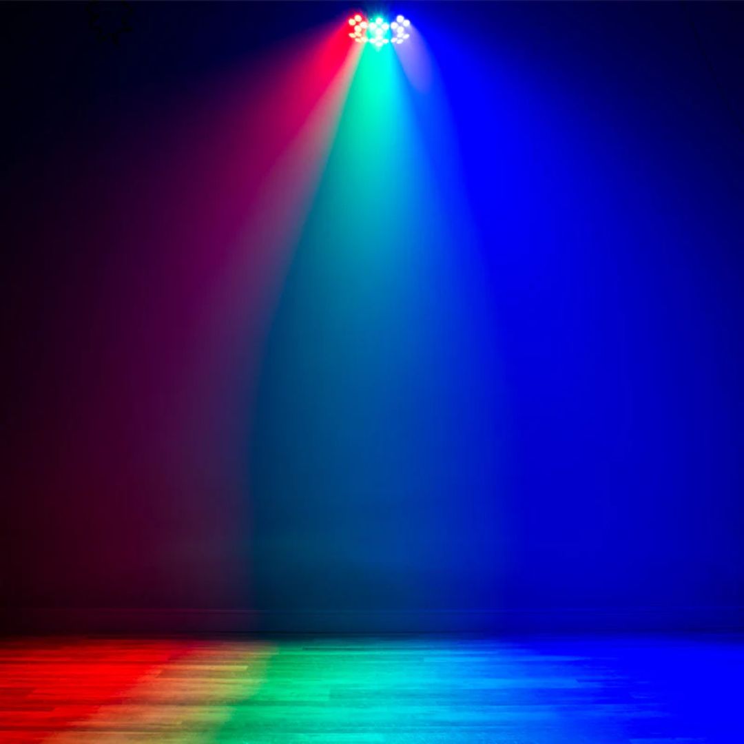 Hanging Eliminator Lighting Mega Wash 24 beaming RGB lights in dim venue