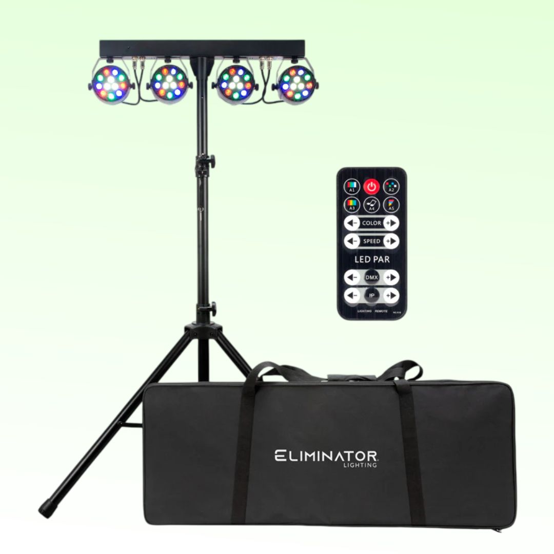 Inclusions of Eliminator Lighting Mini Par Bar on green background