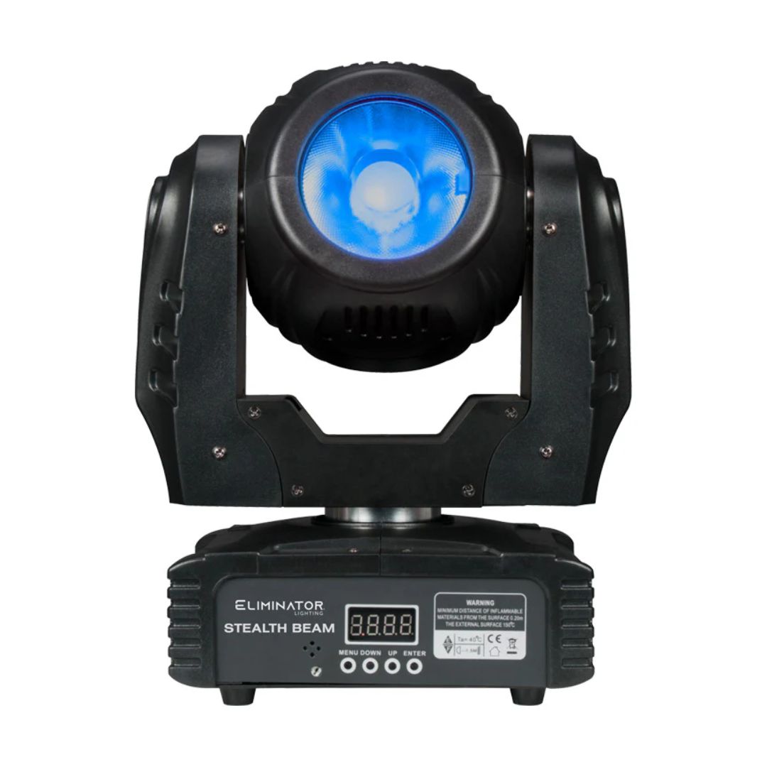 Front view of Eliminator Lighting Stealth Beam Moving Head RGBW LED Fixture on white background