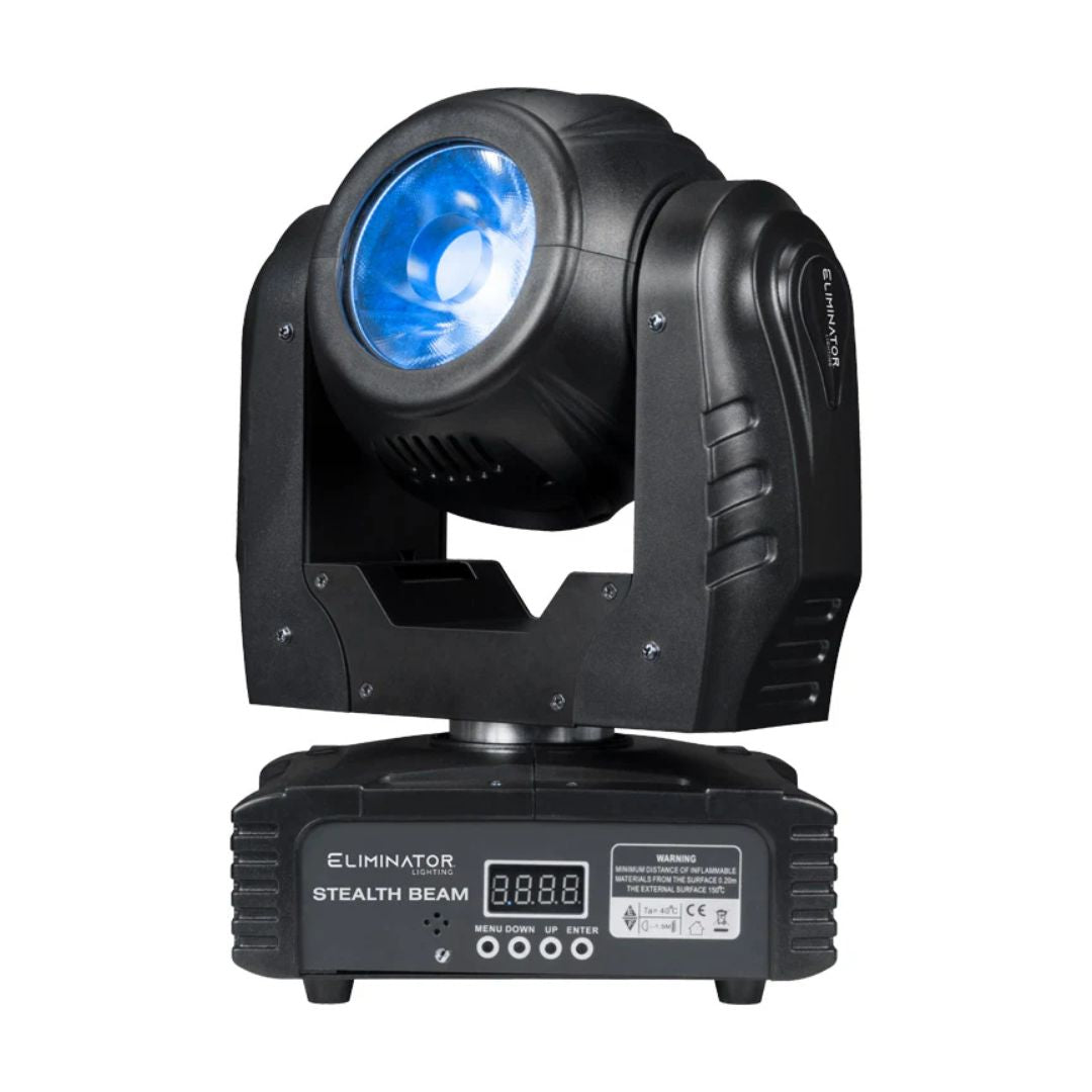 Front view of Eliminator Lighting Stealth Beam Moving Head RGBW LED Fixture with head tilted to the left on white background