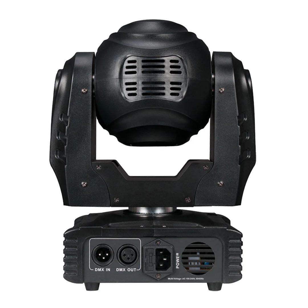 Rear ports view of Eliminator Lighting Stealth Beam Moving Head RGBW LED Fixture on white background