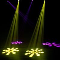 Multiple Eliminator Lighting Stinger Spot 30s hanging beaming pink and yellow lights downward in dim venue