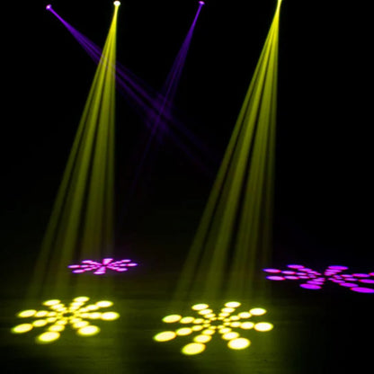 Multiple Eliminator Lighting Stinger Spot 30s hanging beaming pink and yellow lights downward in dim venue