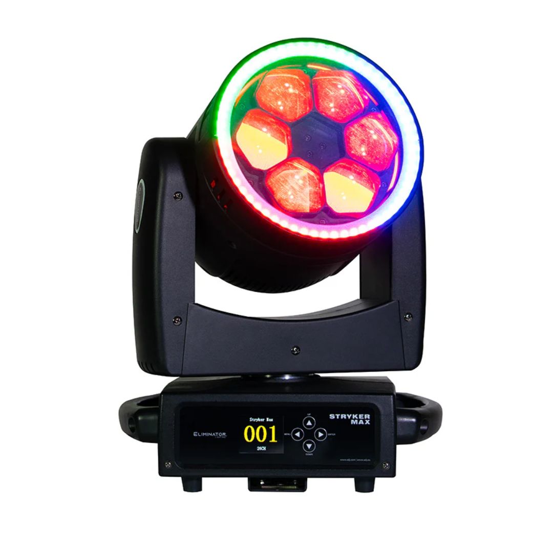 Front view of Eliminator Lighting Stryker Max RGBW LED Moving Head on white background