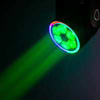 Hanging Eliminator Lighting Stryker Max RGBW LED Moving Head beaming green light in dark room