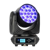 Front view of Eliminator Lighting Stryker Wash Moving Head with blue light on white background