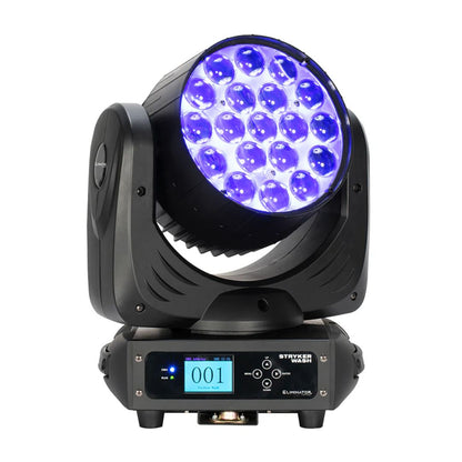 Front view of Eliminator Lighting Stryker Wash Moving Head with blue light on white background