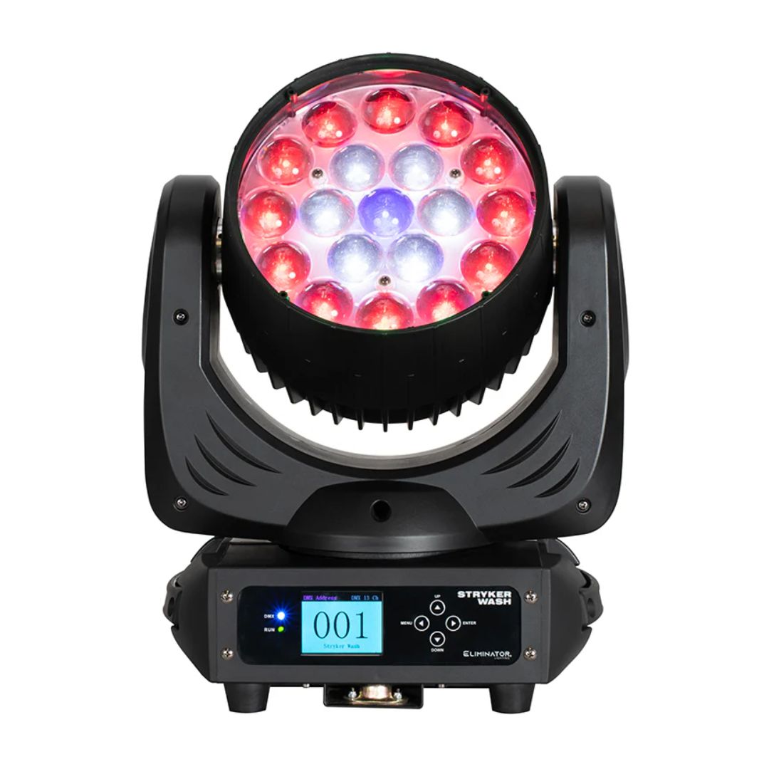 Front view of Eliminator Lighting Stryker Wash Moving Head with red and blue light on white background