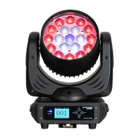 Front view of Eliminator Lighting Stryker Wash Moving Head with red and blue light on white background