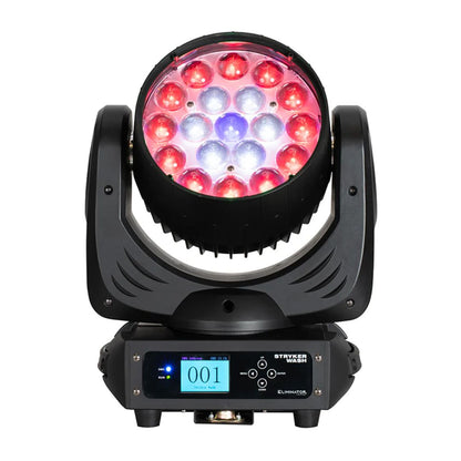 Front view of Eliminator Lighting Stryker Wash Moving Head with red and blue light on white background