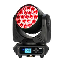 Front view of Eliminator Lighting Stryker Wash Moving Head with red light on white background