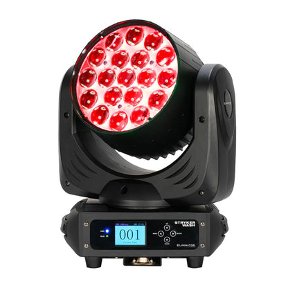 Front view of Eliminator Lighting Stryker Wash Moving Head with red light on white background