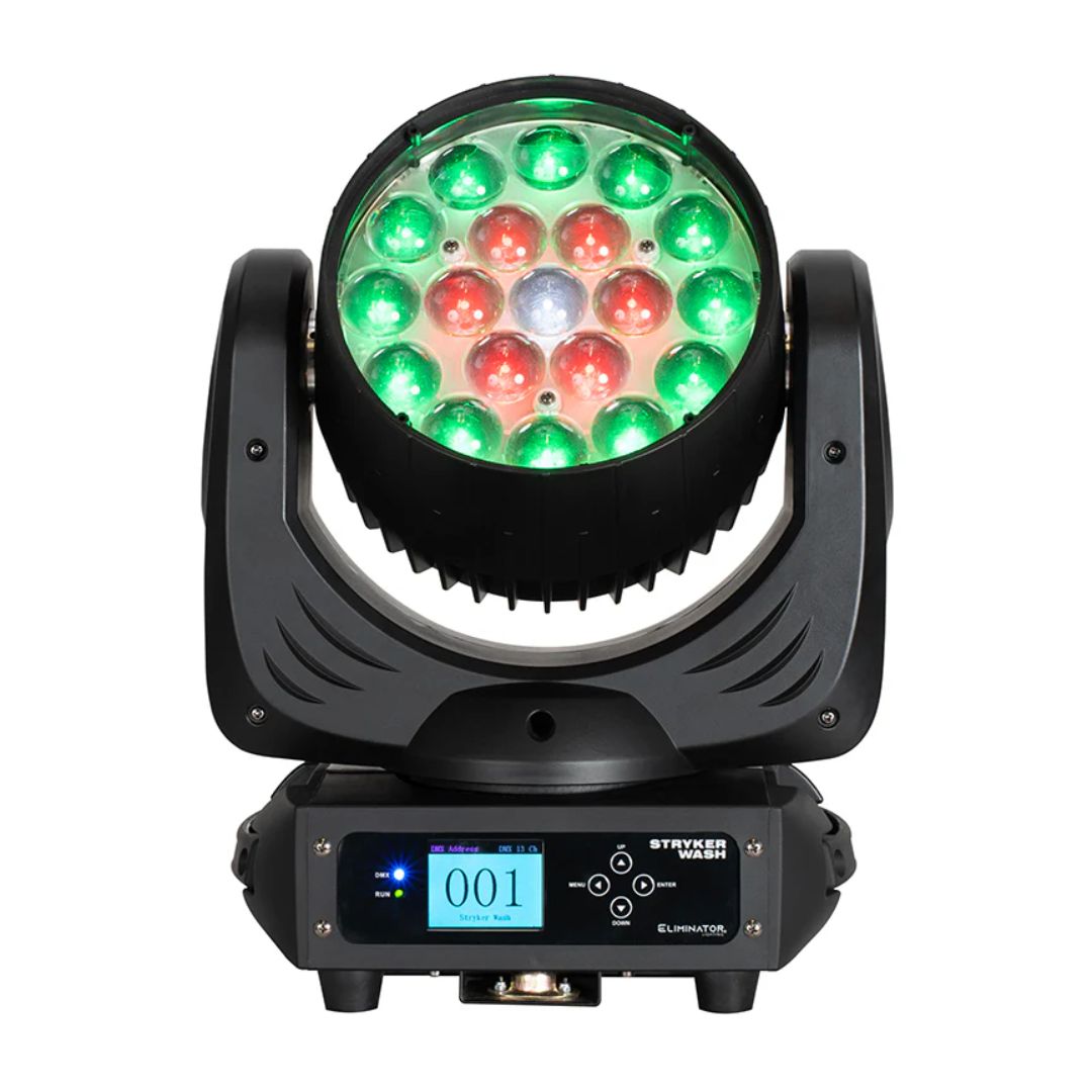 Front view of Eliminator Lighting Stryker Wash Moving Head with green and red light on white background