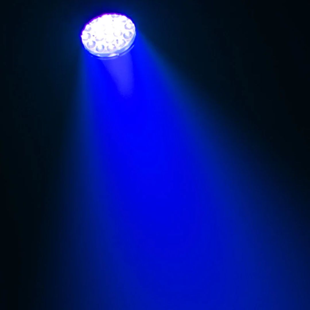 Hanging Eliminator Lighting Stryker Wash Moving Head beaming blue light downwards in dark room