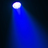 Hanging Eliminator Lighting Stryker Wash Moving Head beaming blue light downwards in dark room