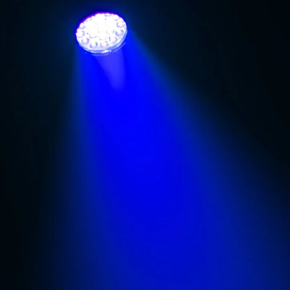 Hanging Eliminator Lighting Stryker Wash Moving Head beaming blue light downwards in dark room