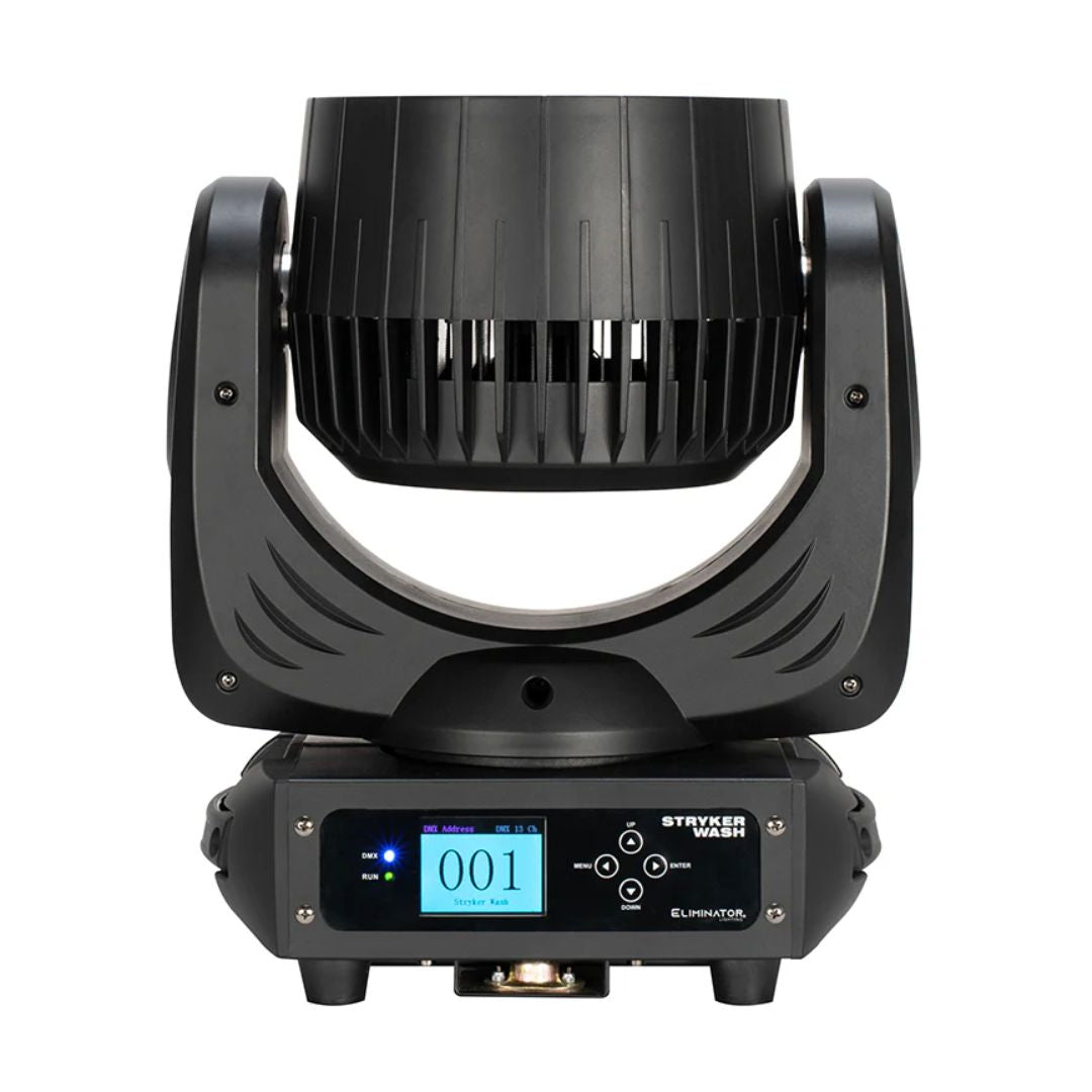 Front view of Eliminator Lighting Stryker Wash Moving Head with head tilted up on white background