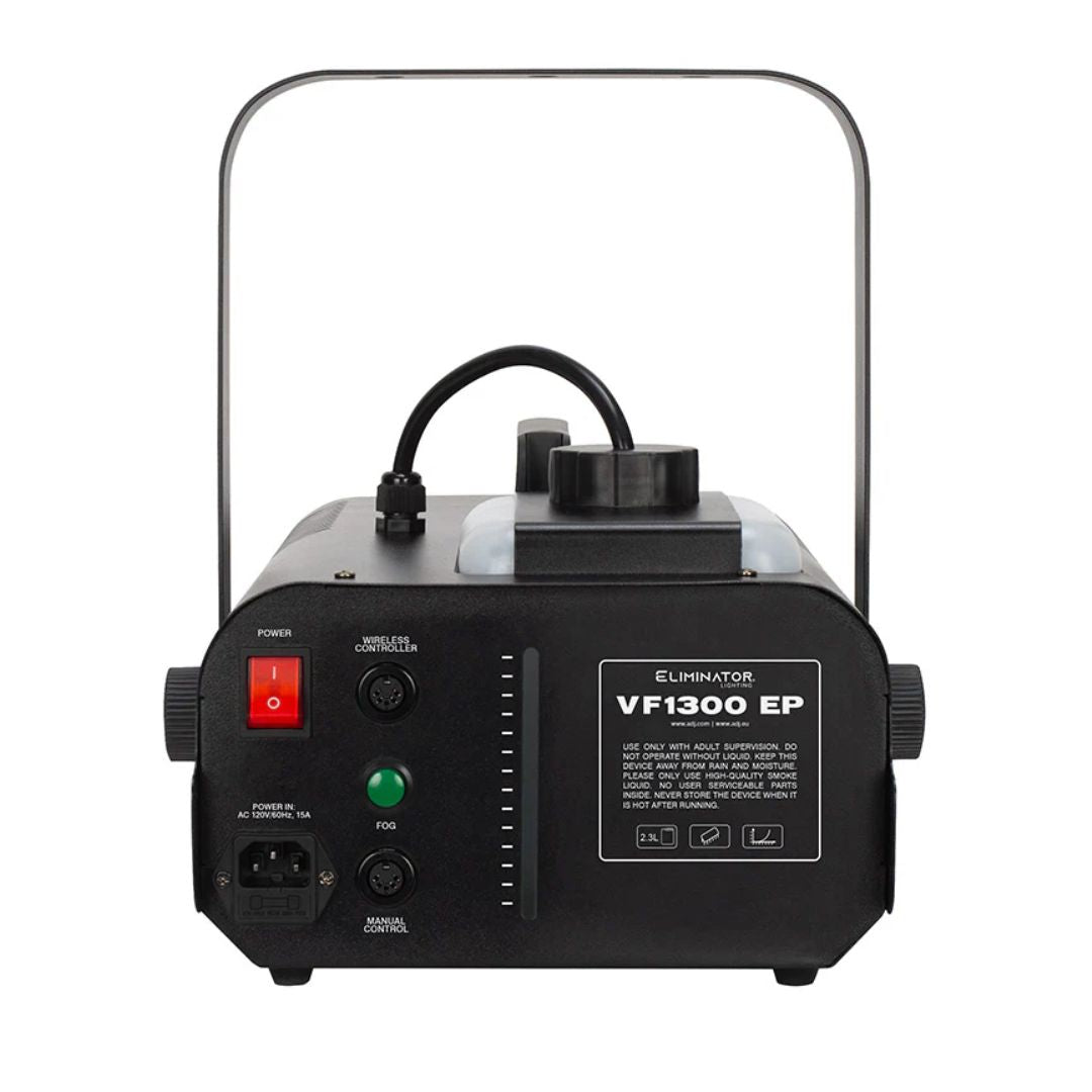 Rear ports view of Eliminator Lighting VF1300 EP Wireless Fog Machine on white background