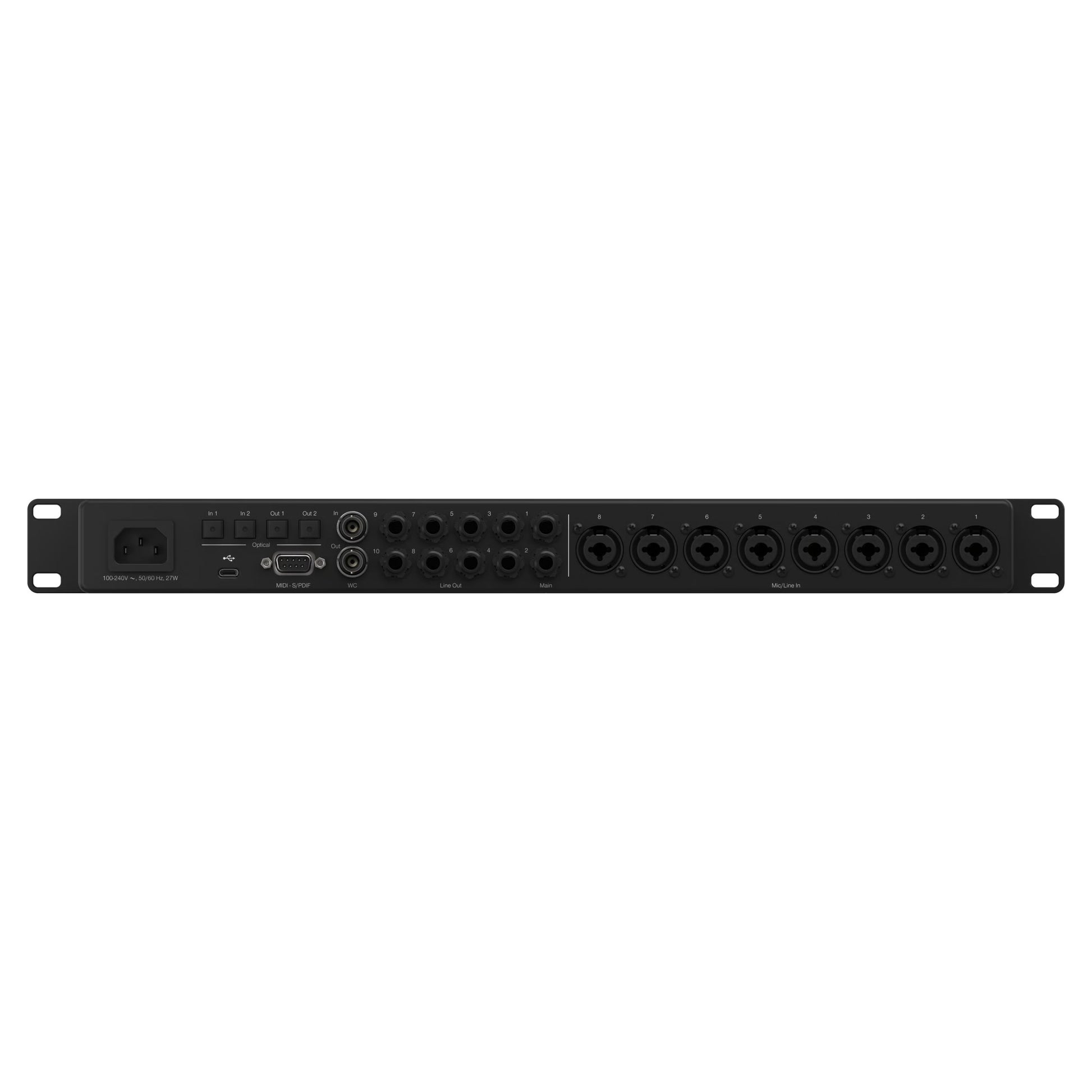 Rear ports view of Fender Quantum HD 8 USB-C Audio Interface on white background